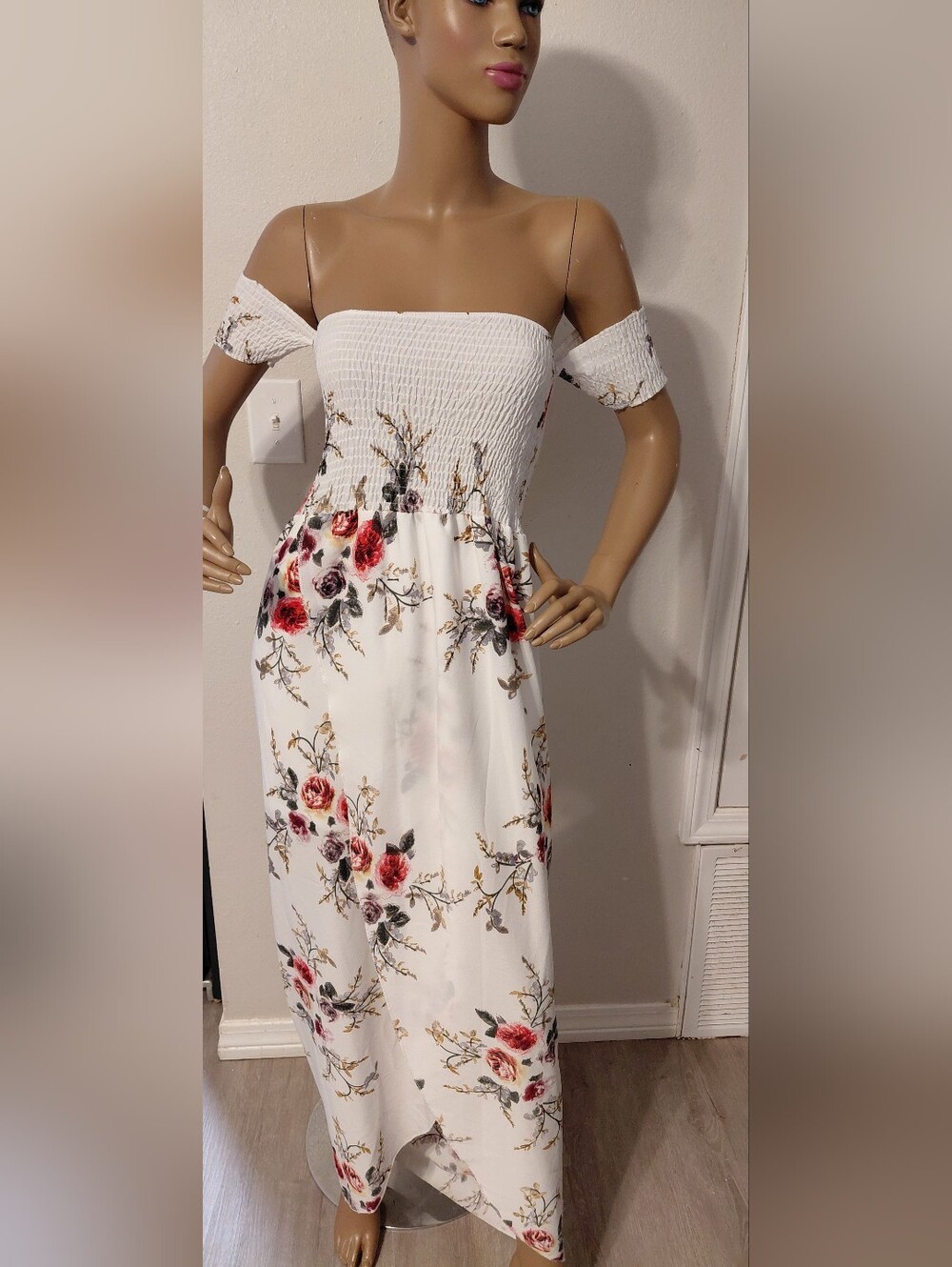 Off-Shoulder White Floral Maxi Dress with Red Rose Print
